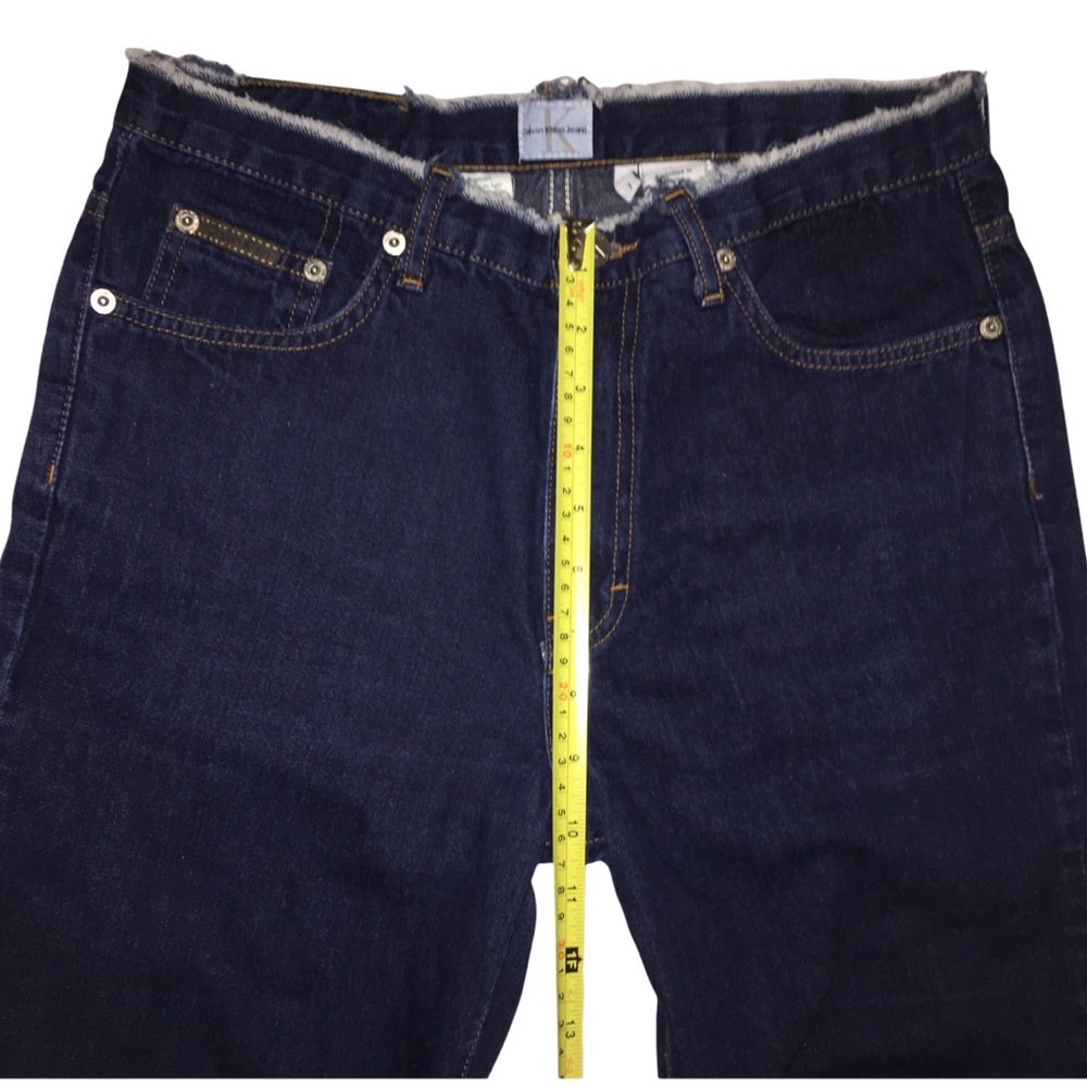 Highrise Flare Jeans, Distressed Denim, Frayed Waist/Hem, Dark Calvin Klein Sz 7 - Picture 13 of 13
